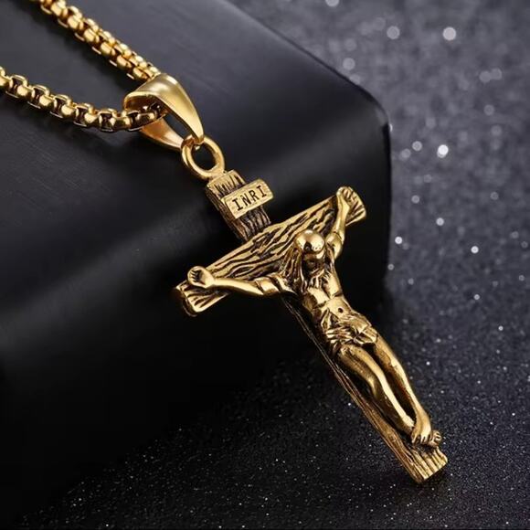Gold Crucifix Cross Necklace Jesus Vintage INRI Anniversary Birthday Gift NEW